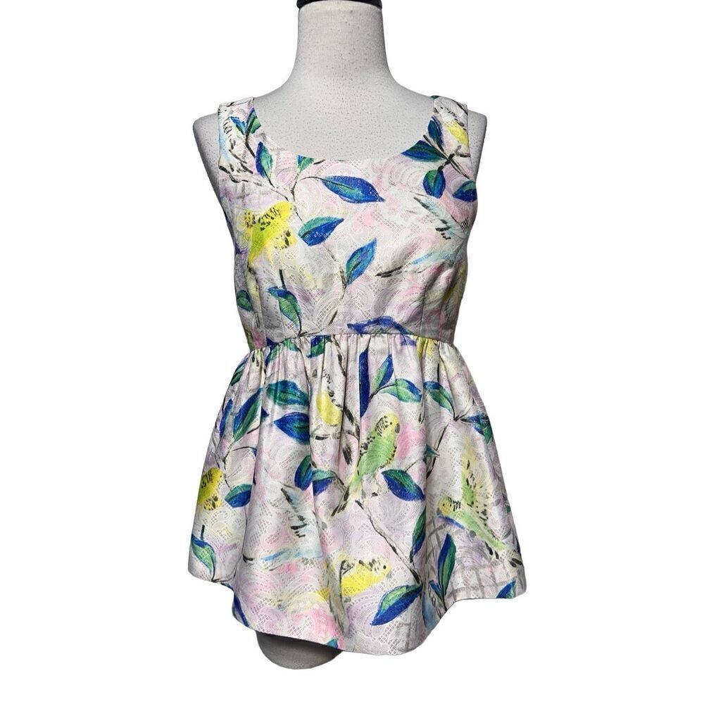 Leifsdottir Anthropologie Sleeveless Metallic Peplum Blouse with Birds Size 2
